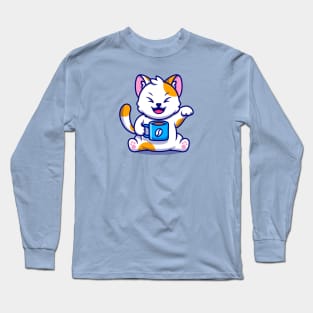 Cute Cat With Coffee Cup Cartoon Long Sleeve T-Shirt